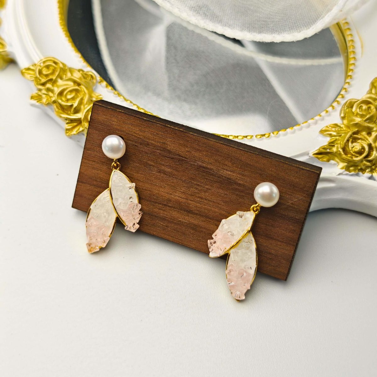 Crystal Leaf & Pearl Dangle Earrings - Image 2