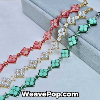 flower and square seed bead bracelet kit B026 – pink, green, and pearl designs