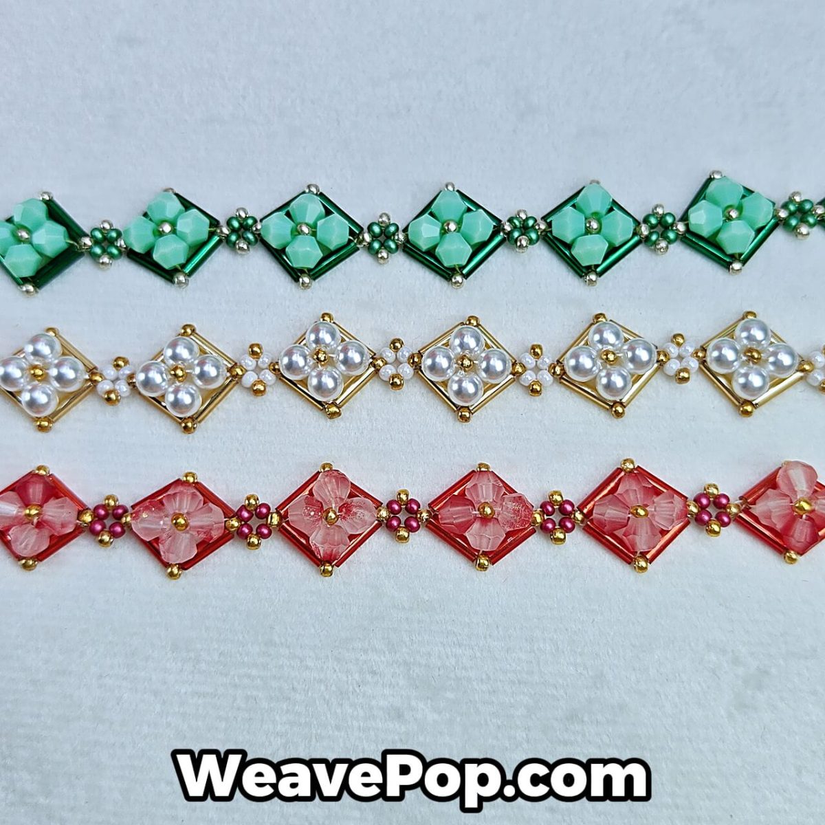 close-up of floral and square seed bead patterns with diamond beads and pearls – B026 detail
