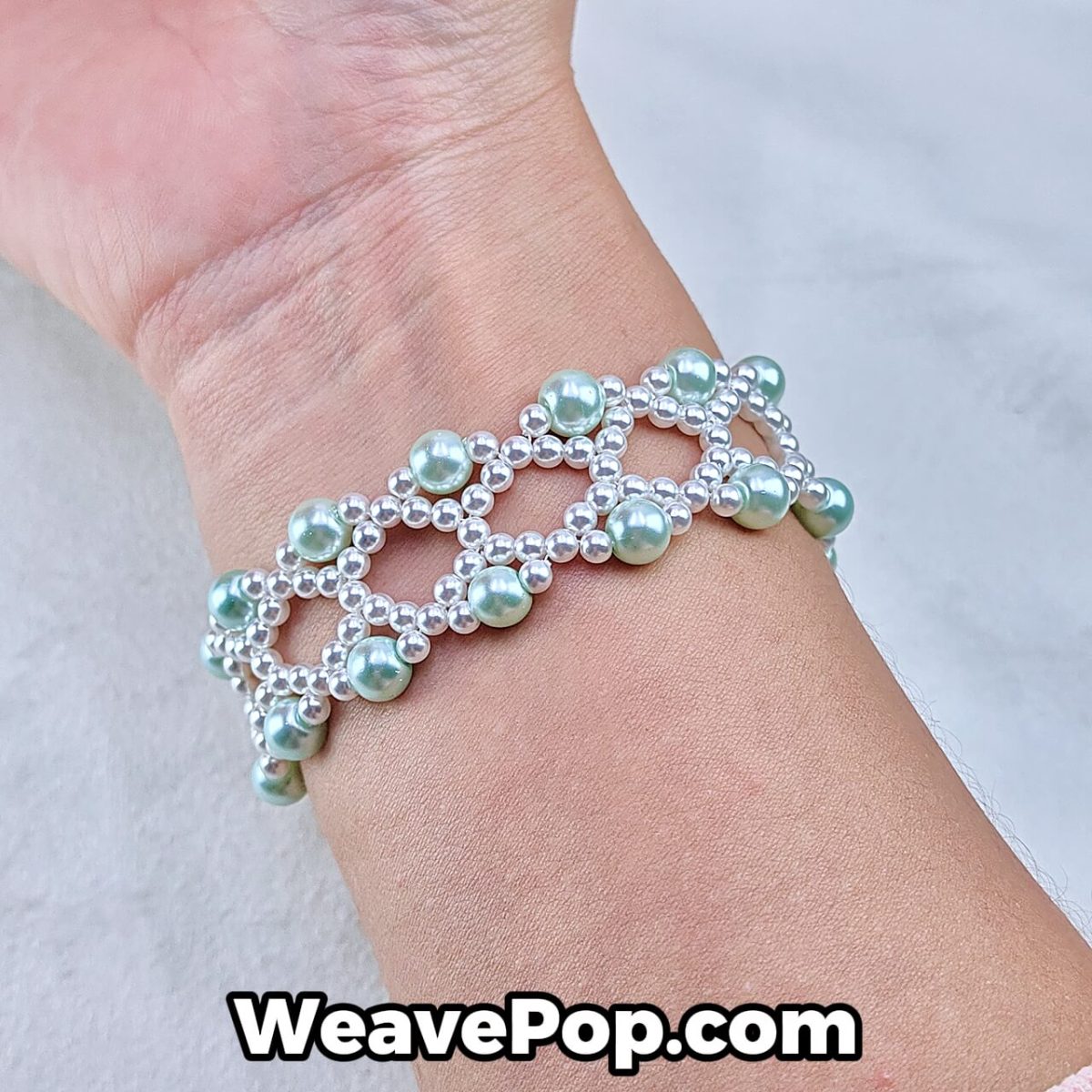 Mint Pearl Lattice bracelet worn on wrist – pearl bead bracelet kit B036