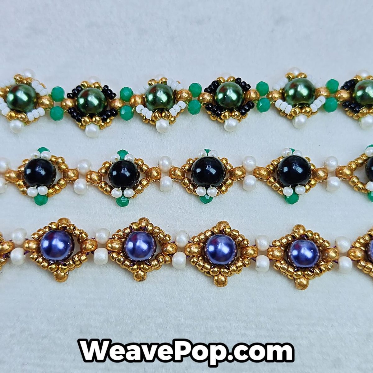 gold pearl bead bracelet kit B043 – green black purple colorways – detail shot