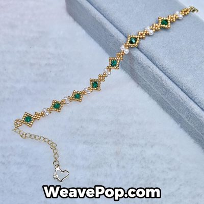 B045 gold and green diamond bead bracelet flat lay