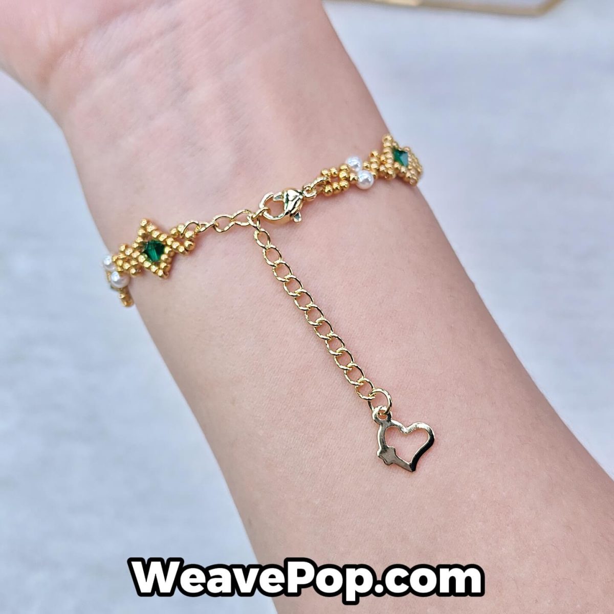 Green and gold diamond bead bracelet on hand – B045 beginner bracelet kit