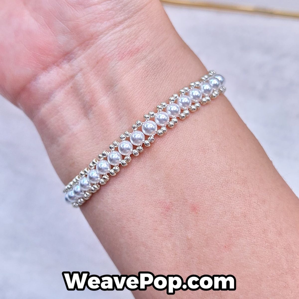 Swarovski pearl woven bracelet on wrist – DIY bead bracelet kit B047