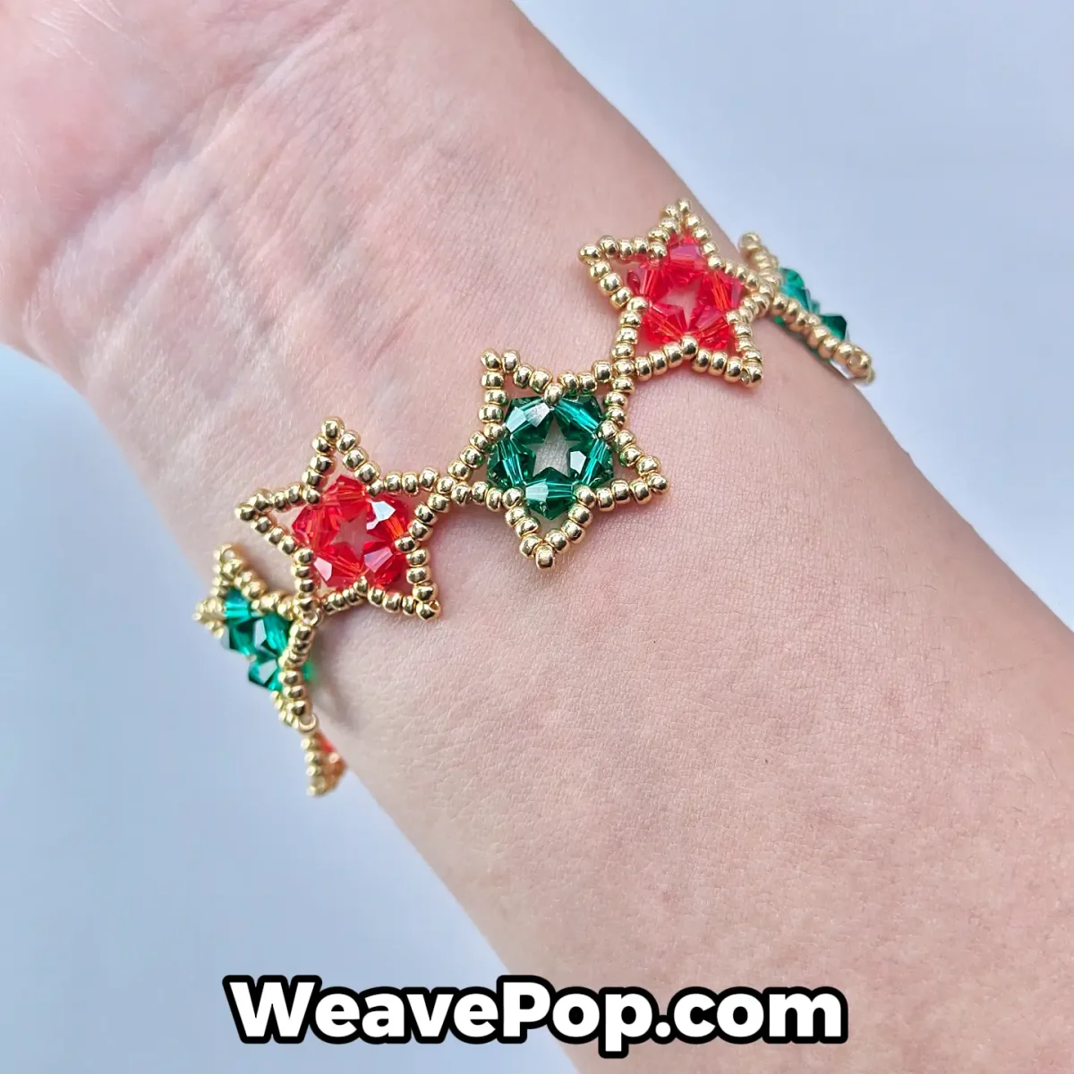 Close-up of k9 crystal beads in B051 Holly Star bead bracelet kit