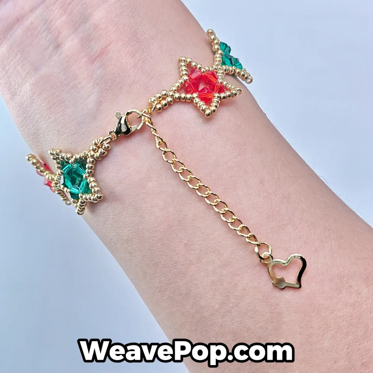 Close-up of k9 crystal beads in B051 Holly Star bead bracelet kit
