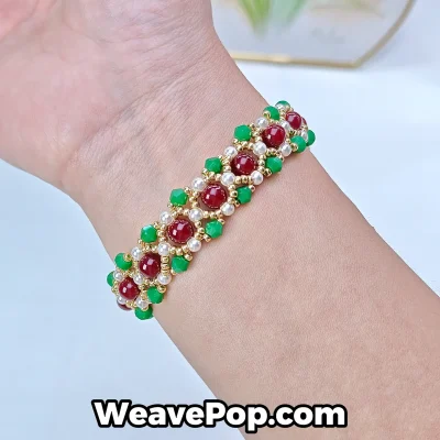 Red–Green Classic bracelet made with kit B050 shown worn on wrist