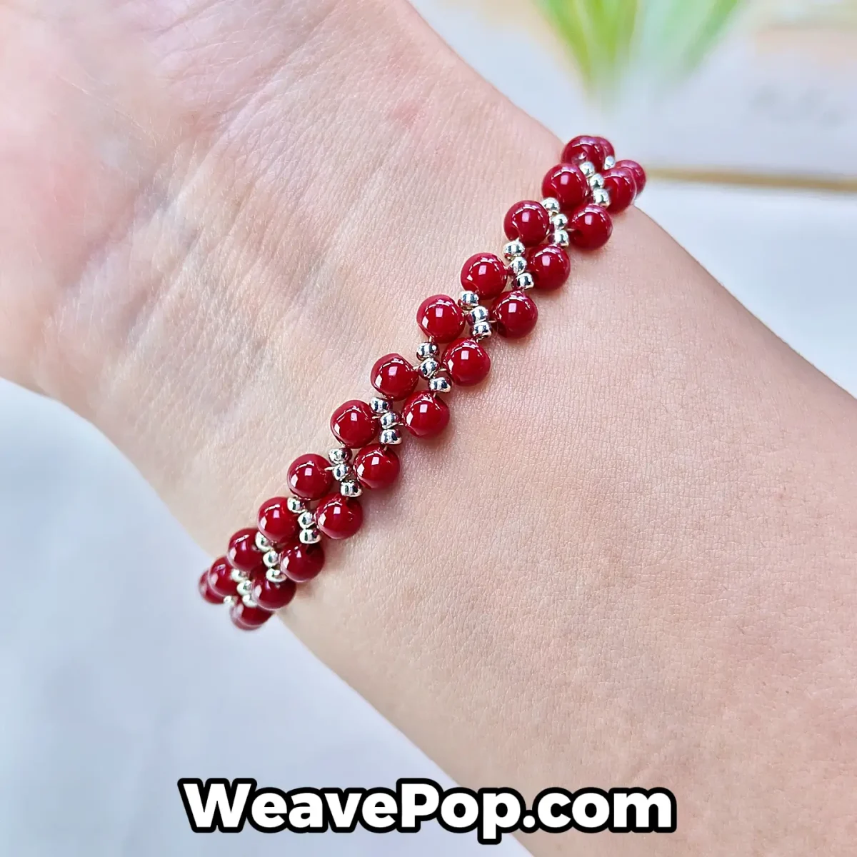 B054 cinnabar red bead bracelet worn on wrist