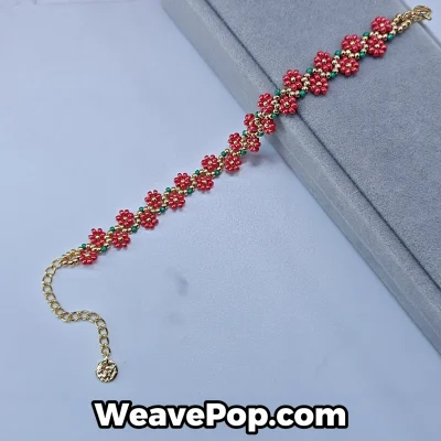 Bead bracelet kit B056 red beaded flower bracelet flat lay