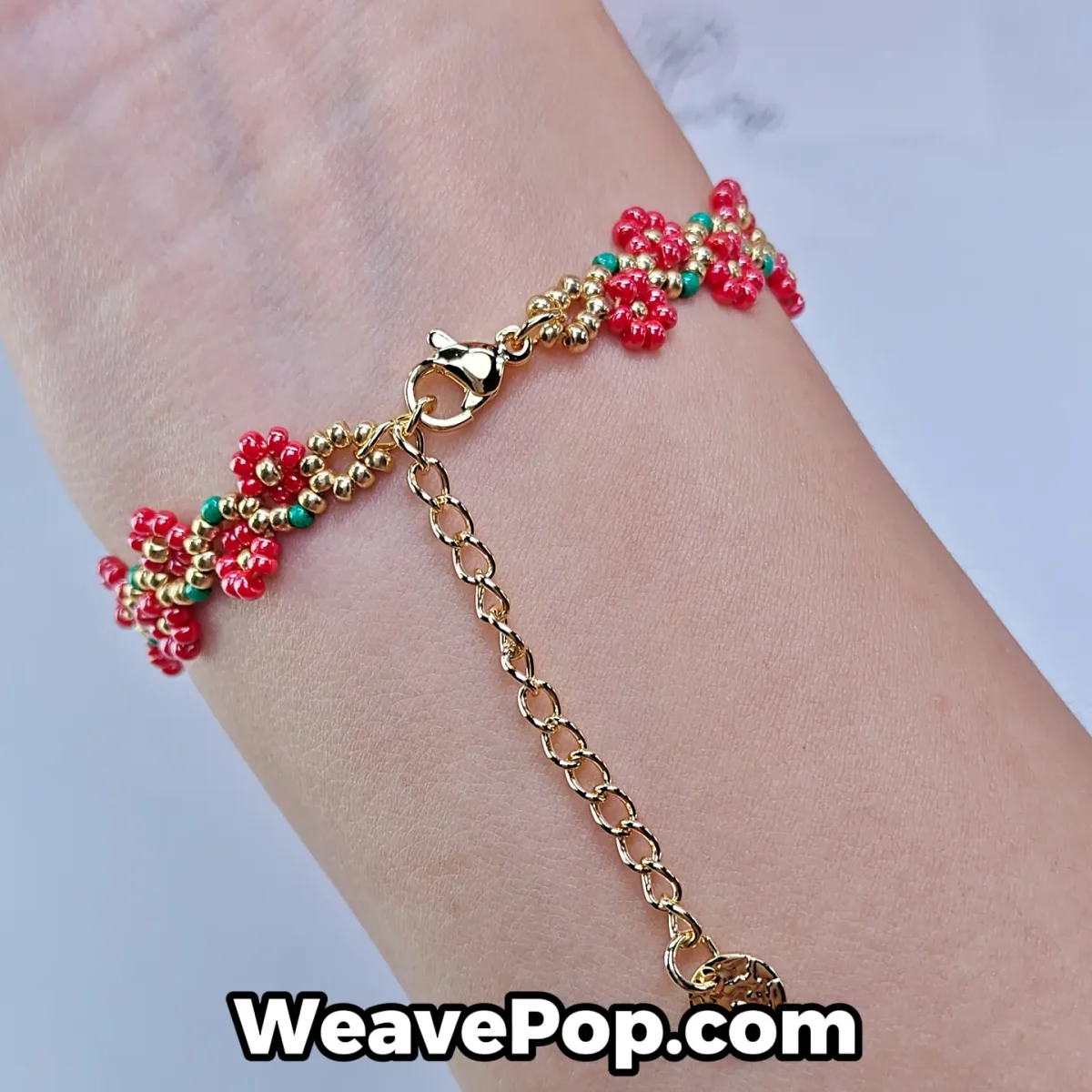 Beaded flower seed bead bracelet B056 worn on wrist