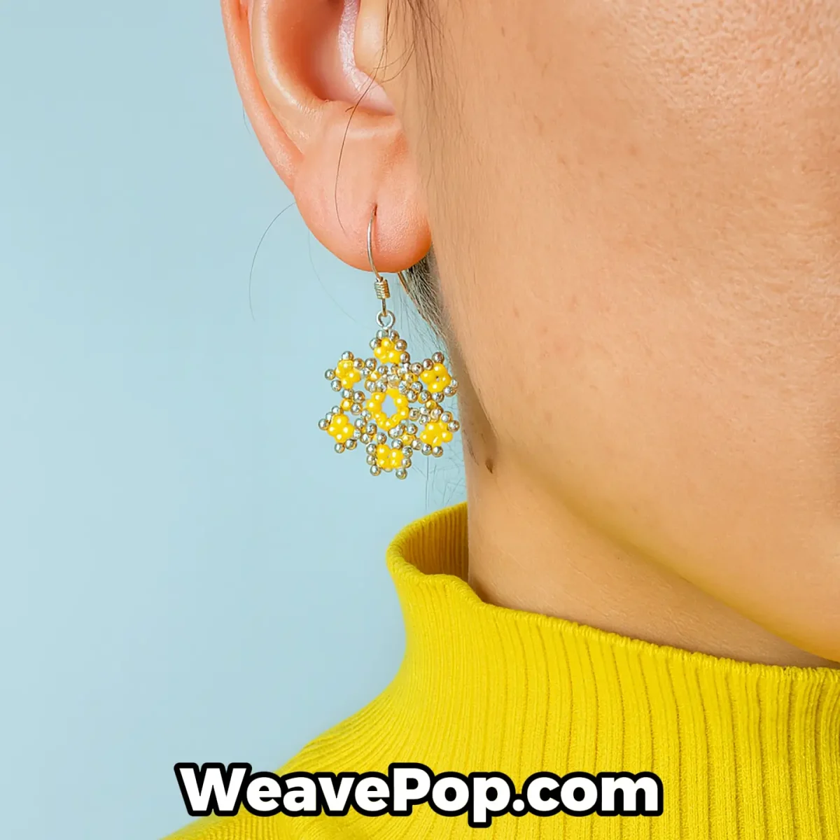 Model wearing yellow flower beaded earrings – E004 earring making kit