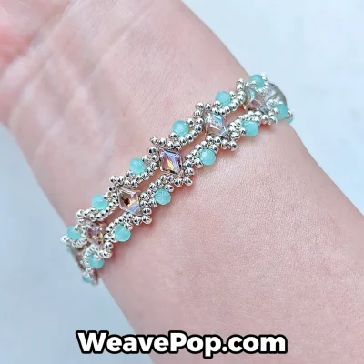 Wearing aqua crystal lace beaded bracelet double-row design B062