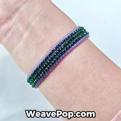 Wearing purple and emerald beaded bracelet with woven stripe design slim band B063