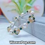 Dark Green wide woven beaded cuff bracelet with vintage style design B065