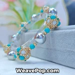 Light blue wide woven beaded cuff bracelet with structured woven pattern B065