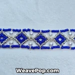 Detail of MIYUKI seed beads and crystal pearls in blue bracelet – B069