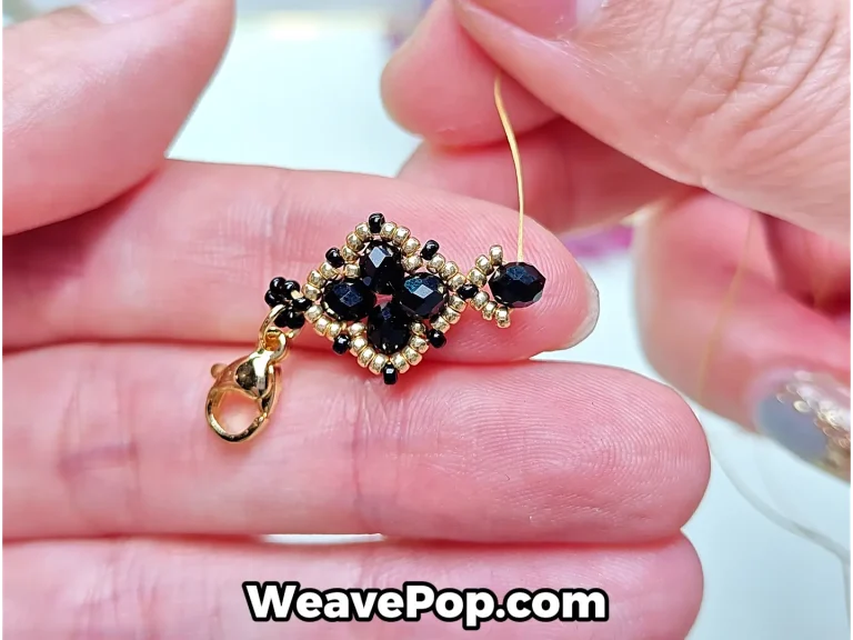 flower bead bracelet tutorial step 12 continuing to pass the thread through gold seed beads and a flat bead to extend the pattern