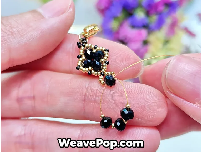 flower bead bracelet tutorial step 13 adding alternating gold seed beads and flat beads and tightening to shape the pattern