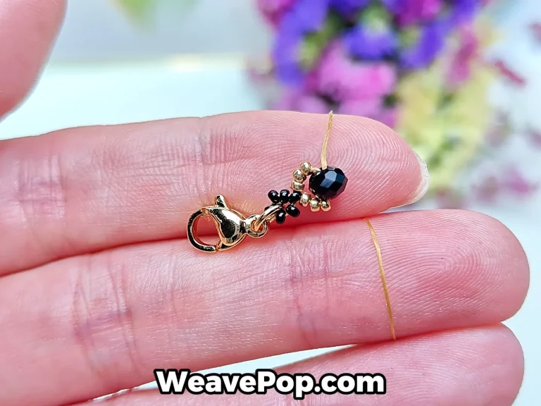 flower bead bracelet tutorial step 3 passing the thread through gold seed beads and flat bead and pulling tight to secure the structure