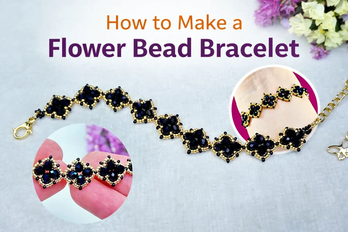 black and gold flower bead bracelet tutorial showing finished design and close-up details