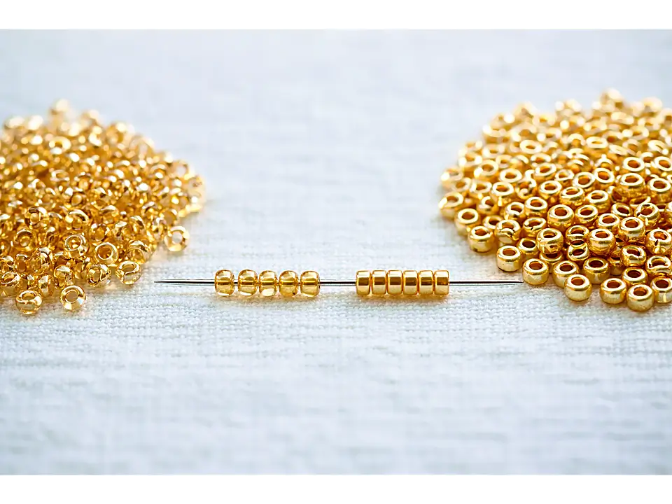 A professional comparison between Miyuki seed beads and regular glass beads featuring WeavePop DIY kit packaging, showcasing bead precision for bracelet making.