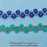 Detailed shot of cyan and dark blue Miyuki beaded bracelets B077 showing floral weave