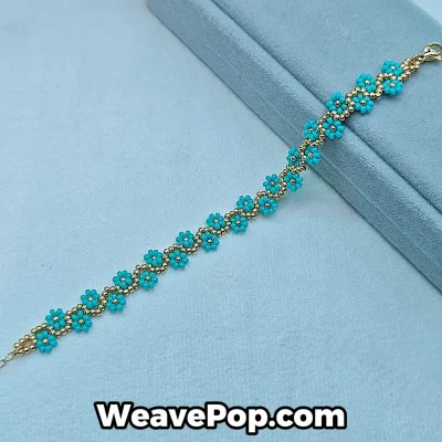 Cyan turquoise beaded bracelet kit B077 featuring Miyuki flower pattern flat lay