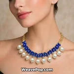 Model wearing blue vintage crystal pearl necklace