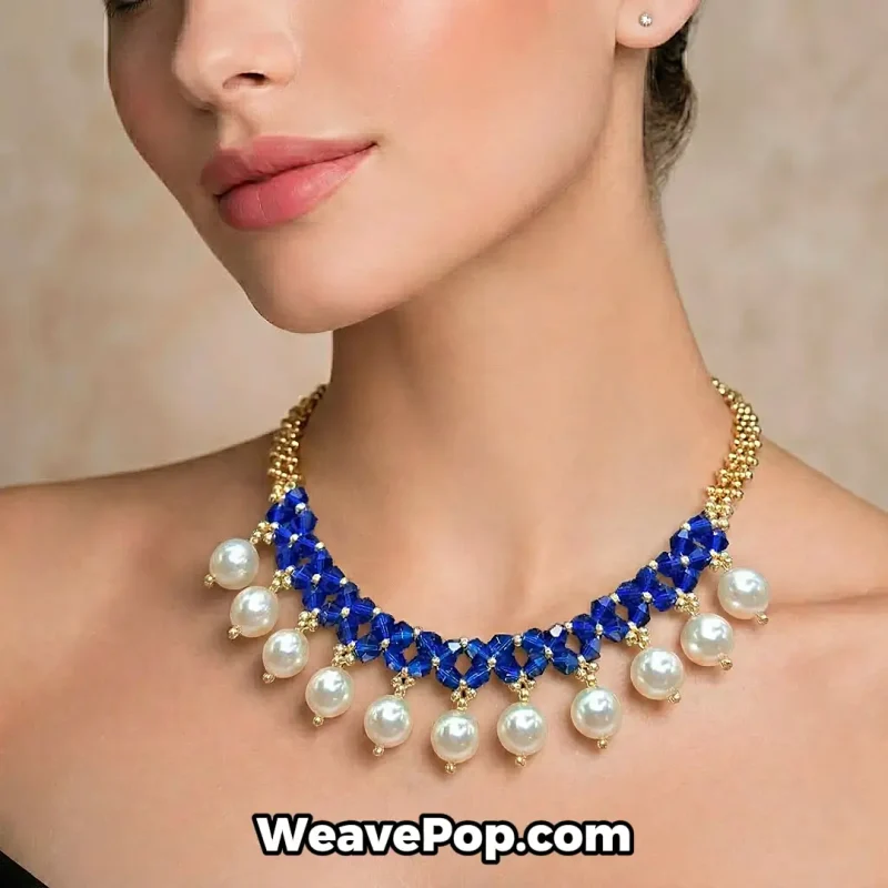 Model wearing blue vintage crystal pearl necklace