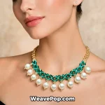 Model wearing emerald green vintage beaded necklace