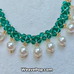 Close up of emerald green beading patterns with Miyuki 4202 gold beads