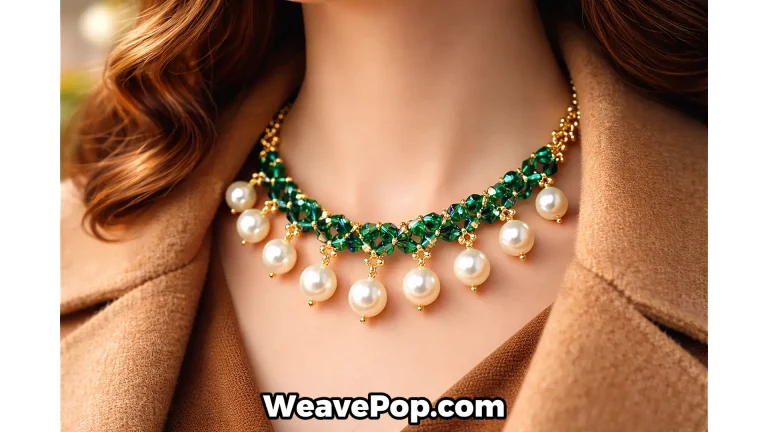 Vintage emerald green beaded necklace with crystal pearls, a perfect emerald green statement necklace.