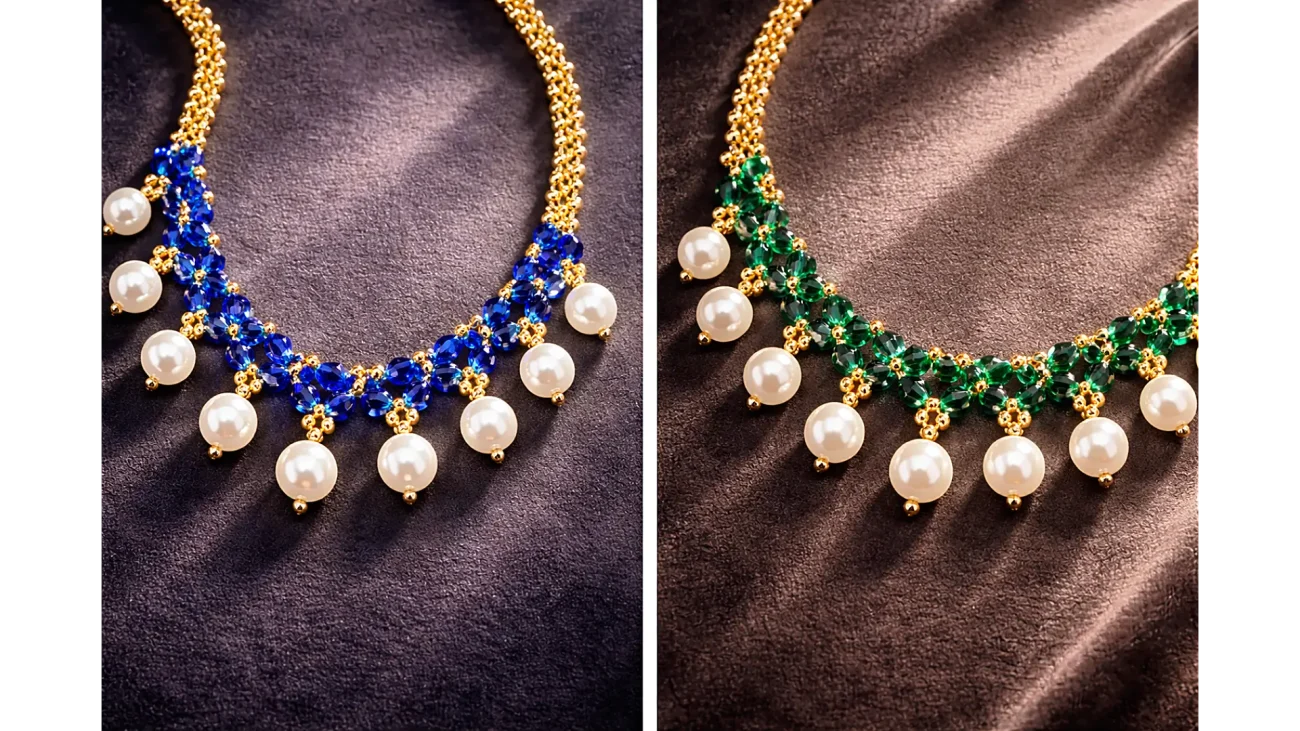 Hand-woven N005 beaded necklaces in emerald green and royal blue jewel tones, showcasing intricate Miyuki beadwork and crystal pearls.