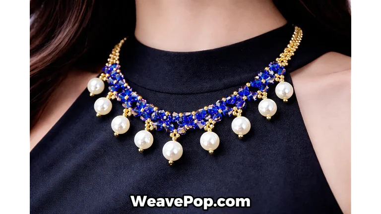 Royal blue gold and pearl necklace styled with a dark evening dress.