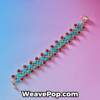 Professional flat lay of the Ruby Turquoise B078 beaded flower bracelet kit, showing the vibrant contrast between ruby red centers and teal flower petals.