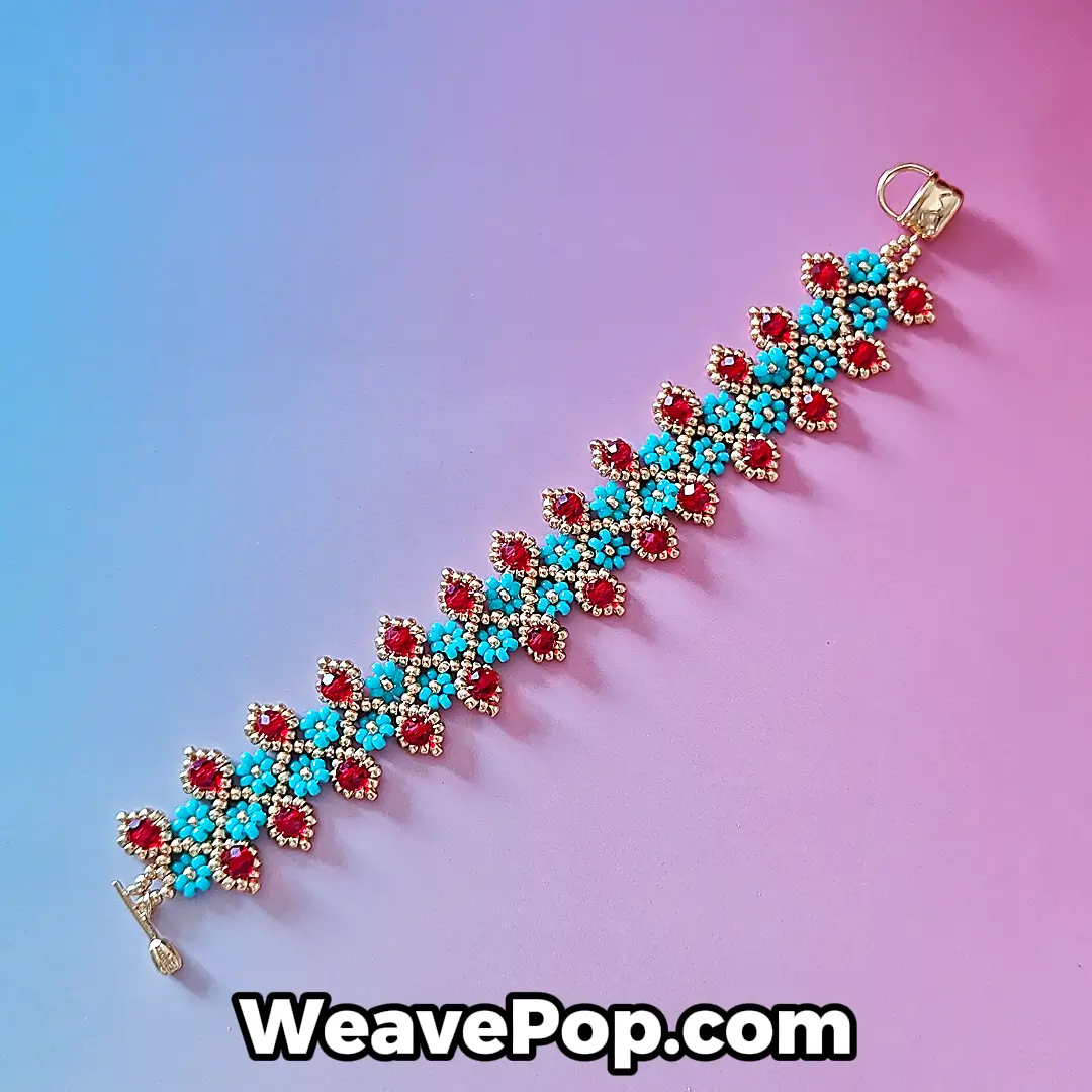 B078-1 Professional flat lay of the Ruby Turquoise B078 beaded flower bracelet kit, showing the vibrant contrast between ruby red centers and teal flower petals.