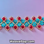 High-resolution detail shot of the Ruby Turquoise B078 bracelet, showcasing the intricate gold bead framing around the red crystals and teal floral units.