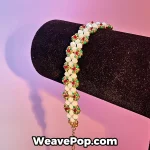 Close up of daisy flower bead bracelet showing faceted beads Miyuki seed beads and intricate floral pattern