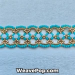 Macro detail of the turquoise and gold geometric lace beaded bracelet B081, highlighting the interlocking oval links with MIYUKI 412 seed beads and flat bead centerpieces