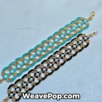 Black and turquoise beaded bracelets side by side with gold geometric interlocking link design, showing two color variations of the B081 bracelet making kit