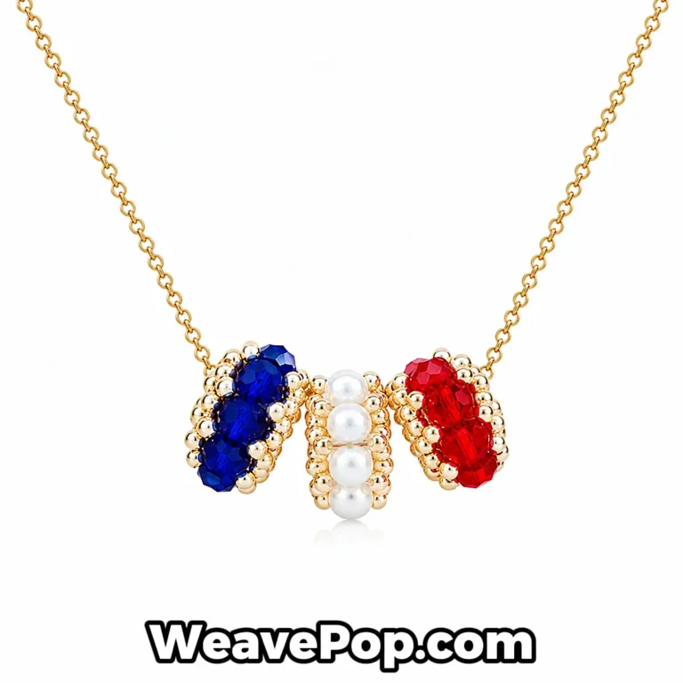 White background detail shot of the N010 necklace featuring white crystal pearls, blue and red flat faceted beads, and gold Miyuki seed bead clusters