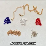 Flat lay of the N010 necklace making kit materials including crystal pearls, blue and red flat faceted beads, Miyuki seed beads, and gold-tone necklace findings