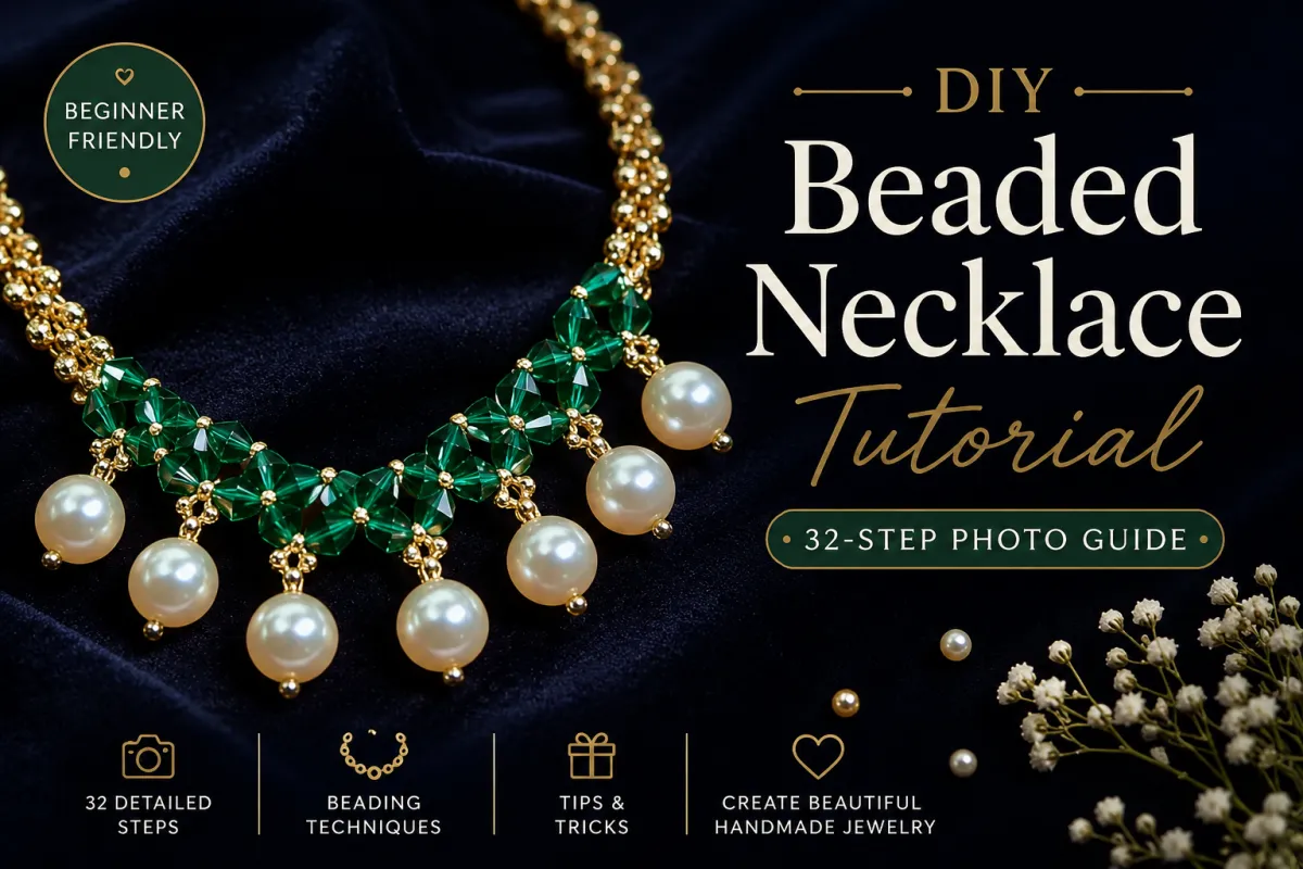 Finished emerald green seed bead necklace with crystal pearls and bicone crystals - complete beading patterns project for beginners