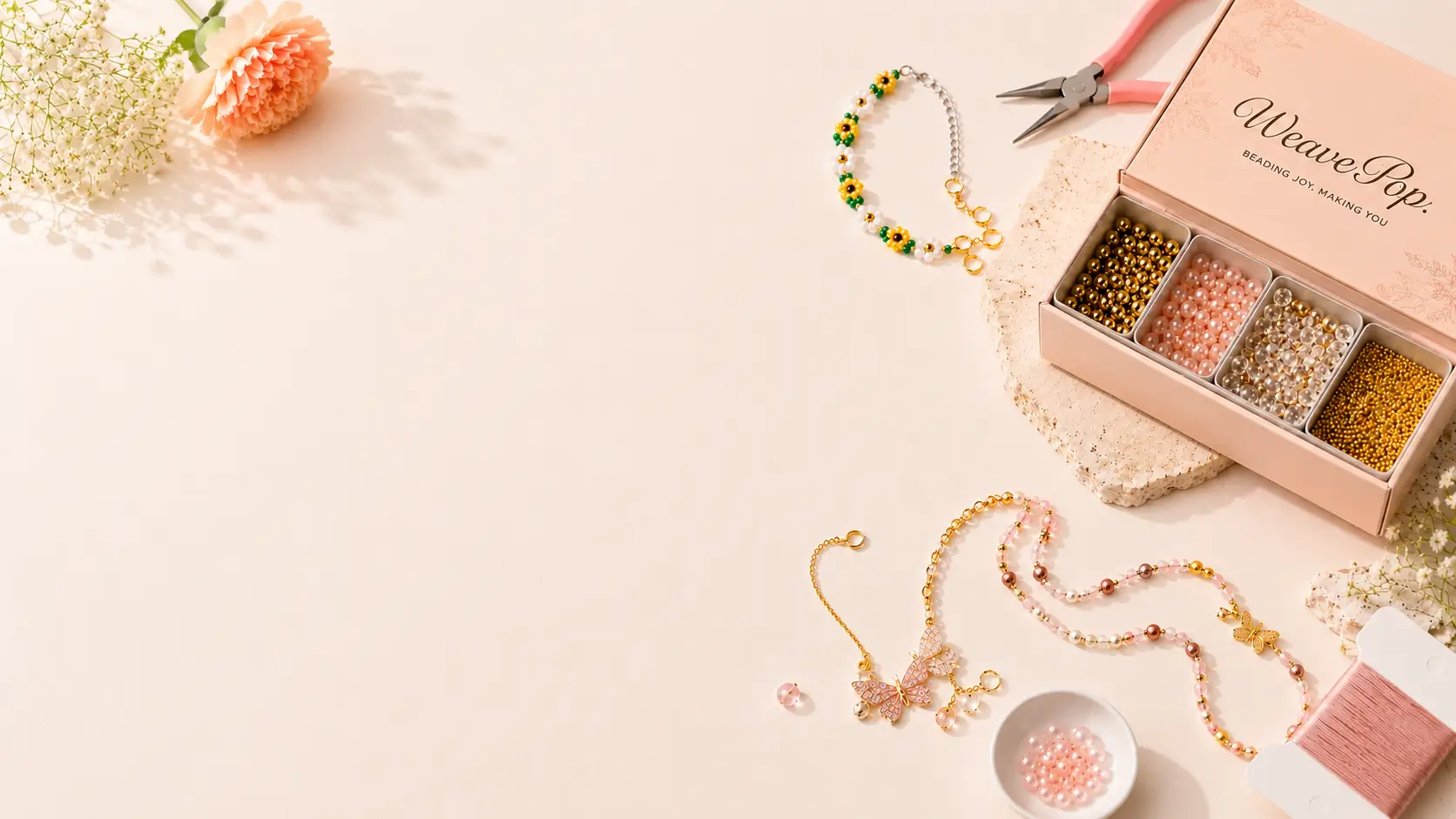 DIY jewelry kits for creative makers featuring premium seed beads, handmade flower bracelet, butterfly necklace, and professional jewelry-making supplies.