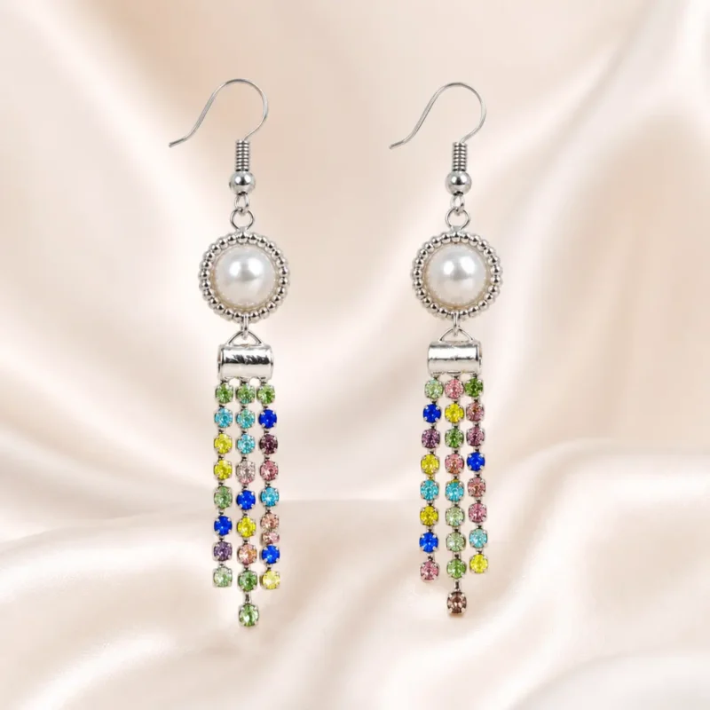 Earring Making Kit E011 – Silver finish crystal pearl CZ tassel earrings on display