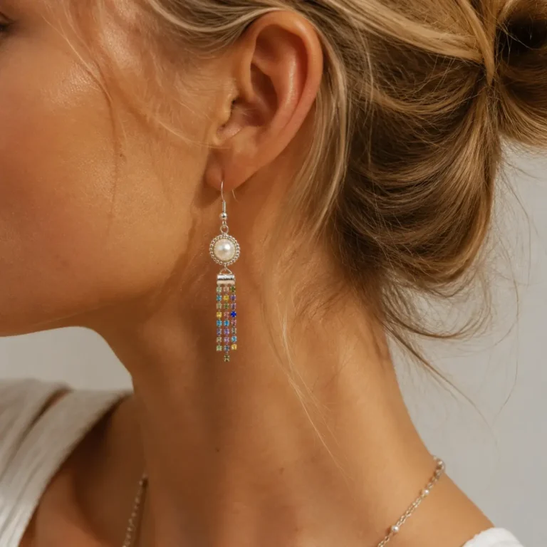 Crystal pearl CZ tassel earrings in silver finish being worn – DIY earring making kit