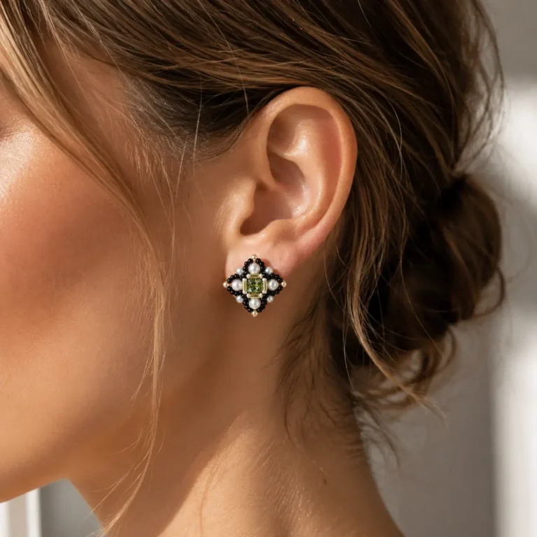 Elegant woman wearing the green crystal pearl cross earrings E012, showcasing the layered rhinestone and seed bead design against a soft beige backdrop